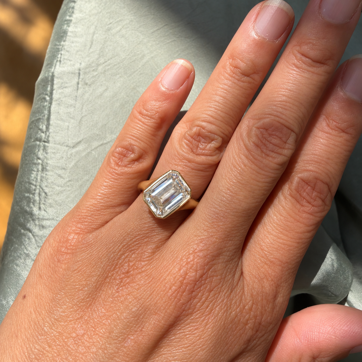14k Yellow Gold Offset Emerald Cut Diamond Ring