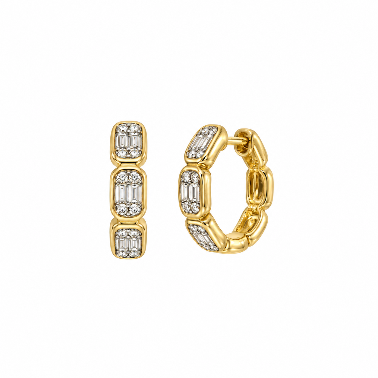 14k Yellow Gold Baguette & Round Diamond Link Hoop Earrings