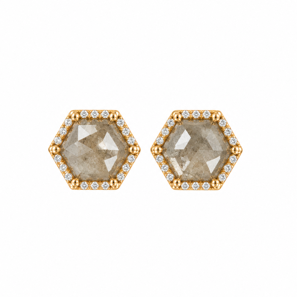 Grey Rose Cut Diamond Studs with Diamond Halo in 14k Gold