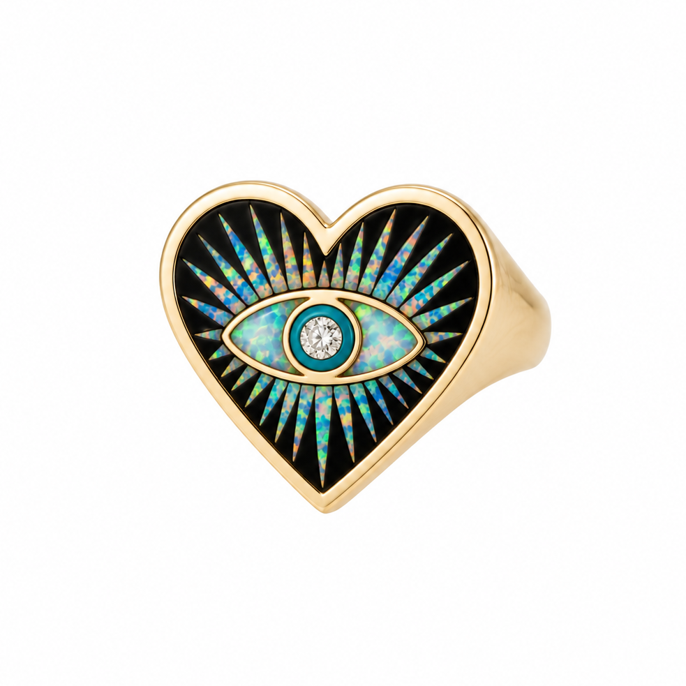 Jacquie Aiche 14k Yellow Gold Onyx Opal Turquoise Eye Burst Heart Ring