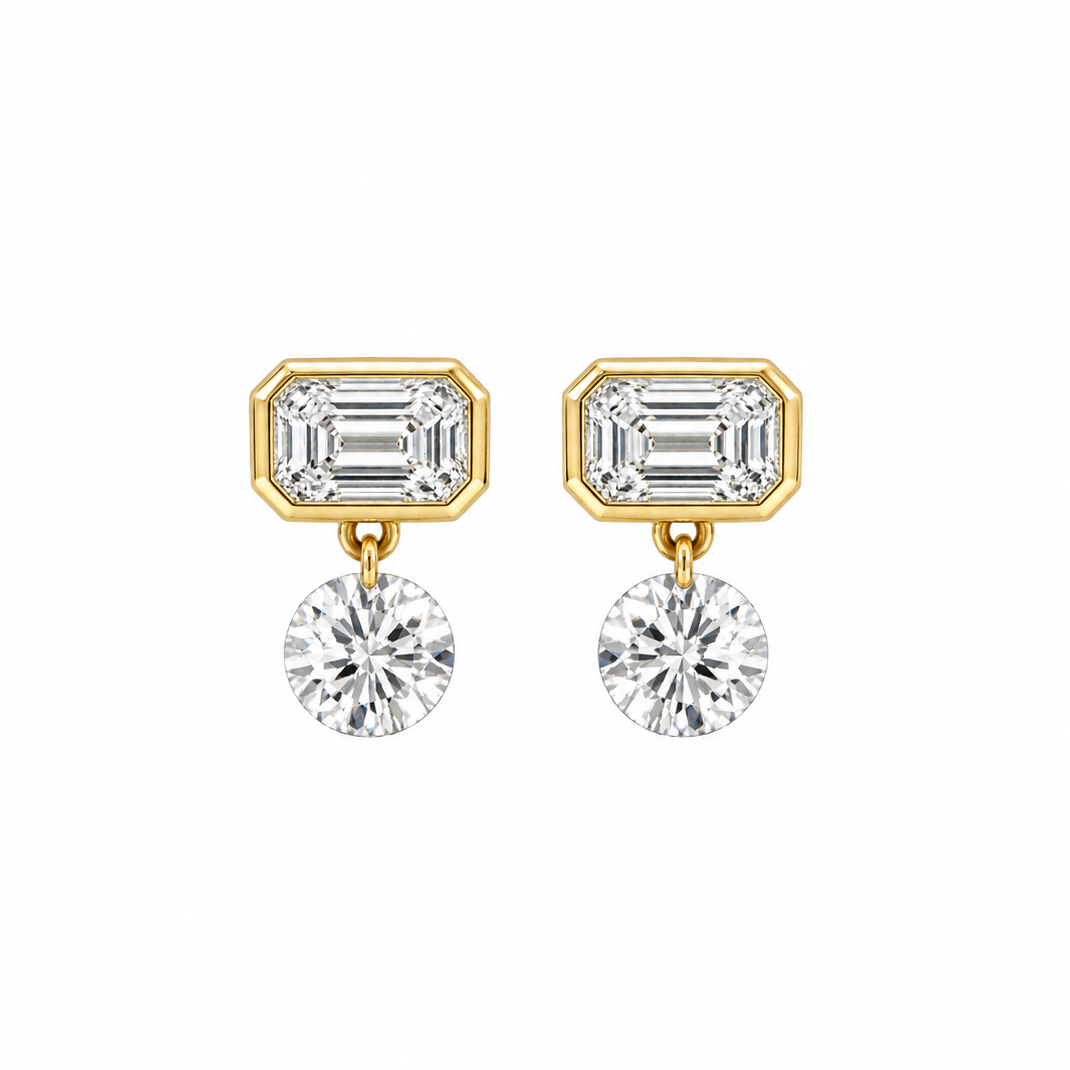 14k Yellow Gold Emerald Cut Diamond Dangle Studs