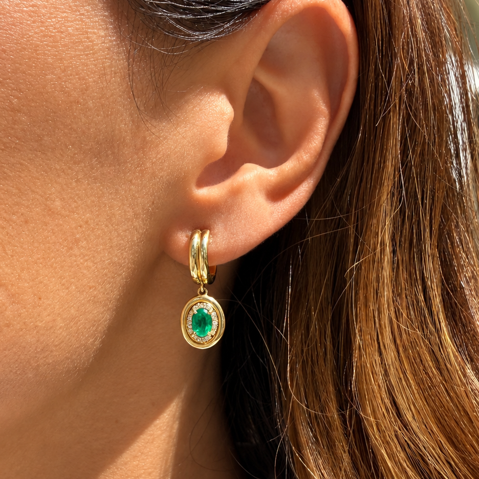 14k Yellow Gold Oval Emerald & Diamond Halo Double Huggie Earrings