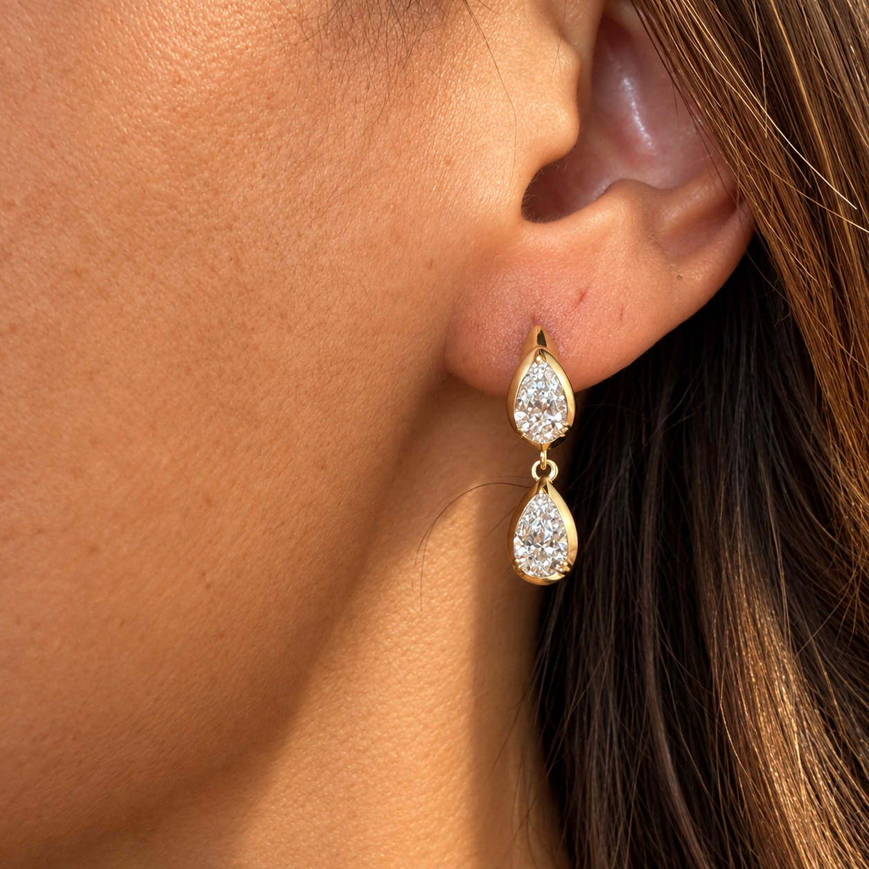 14k Yellow Gold Double Pear Diamond Drop Huggie Earrings