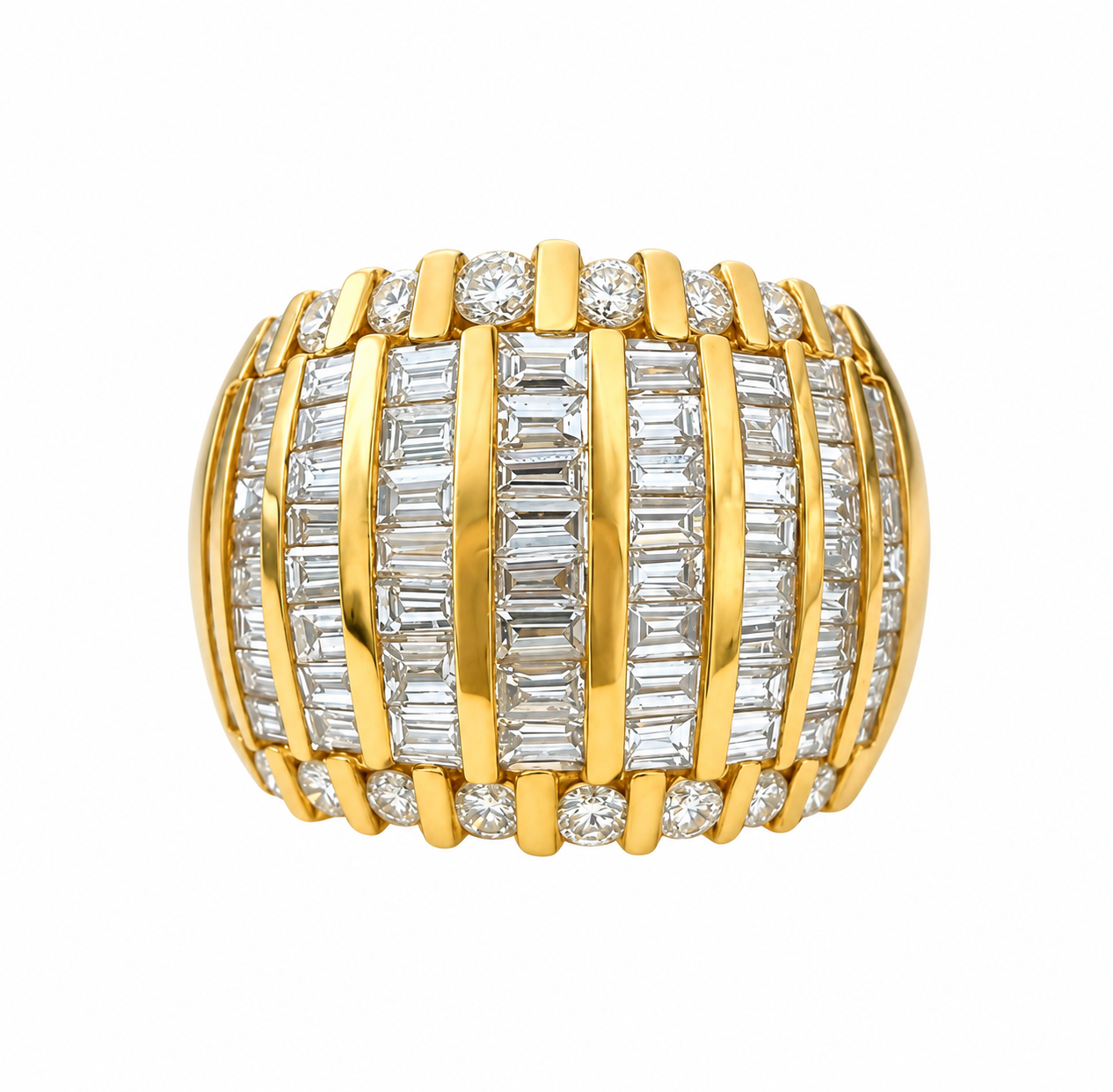 18k Yellow Gold Multi Row Baguette Diamond Dome Ring
