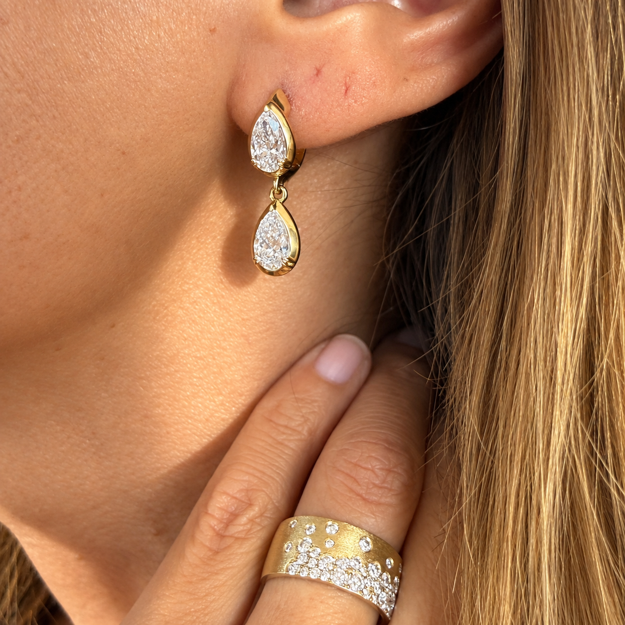 14k Yellow Gold Double Pear Diamond Drop Huggie Earrings