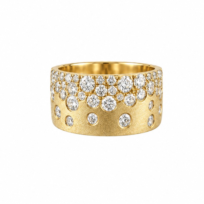 14k Satin Yellow Gold Celestial Stardust Diamond Cigar Band Ring