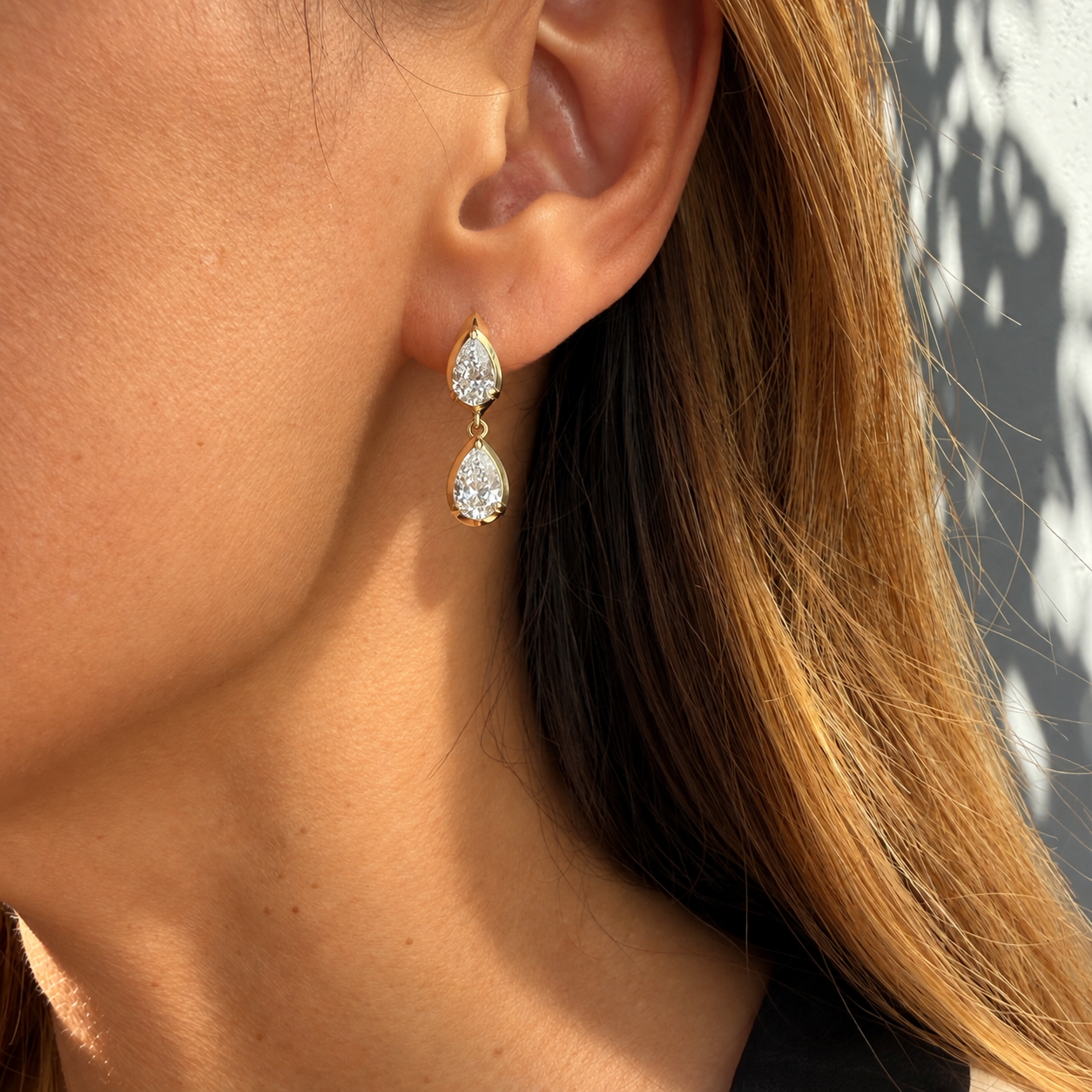 14k Yellow Gold Double Pear Diamond Drop Huggie Earrings