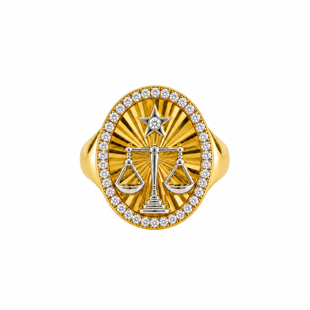 14k Two-Tone Gold Diamond Libra Zodiac Signet Ring