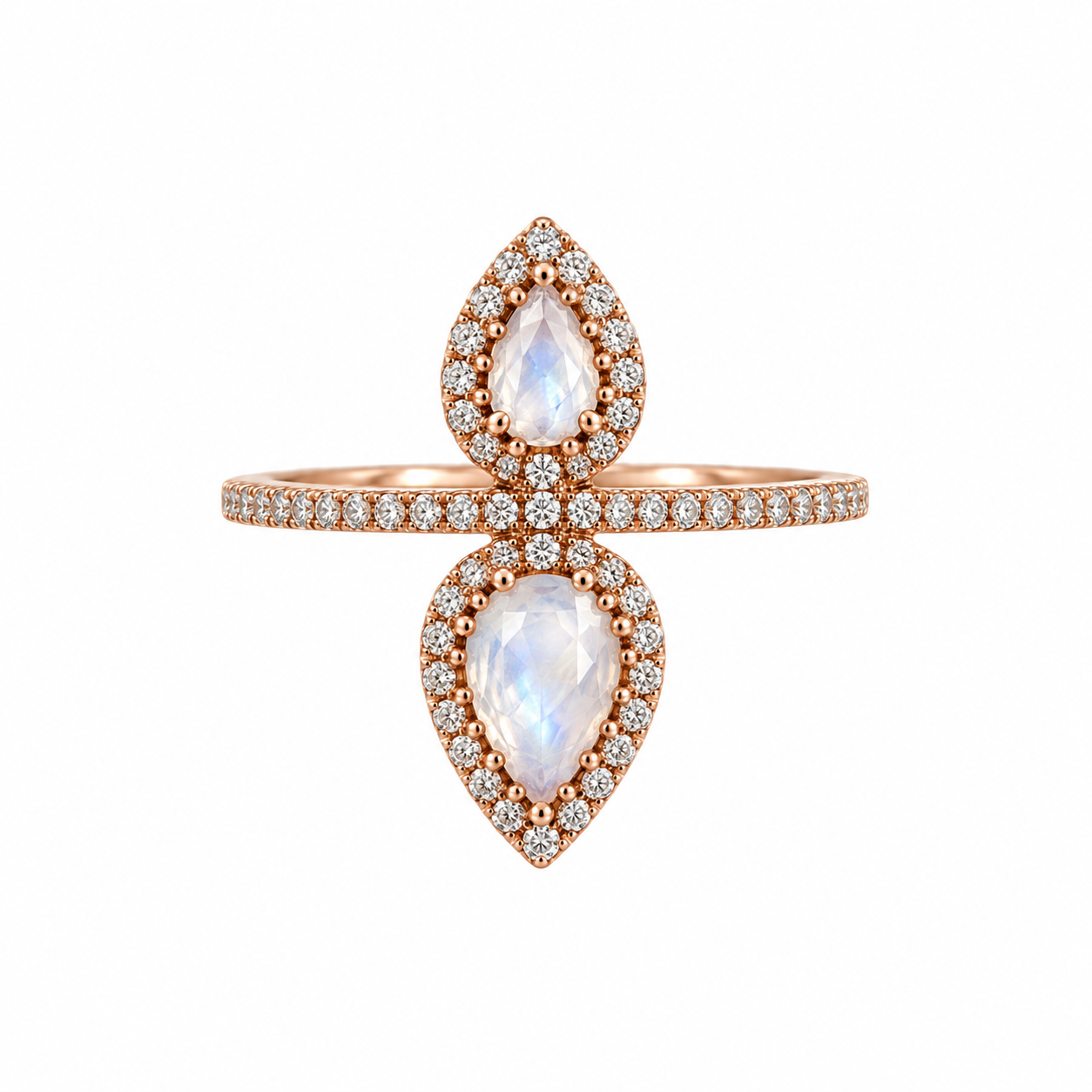 14k Rose Gold Double Pear Cut Moonstone Diamond Halo Ring