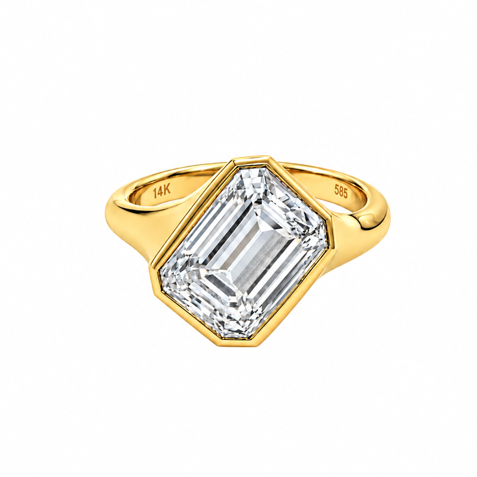 14k Yellow Gold Offset Emerald Cut Diamond Ring