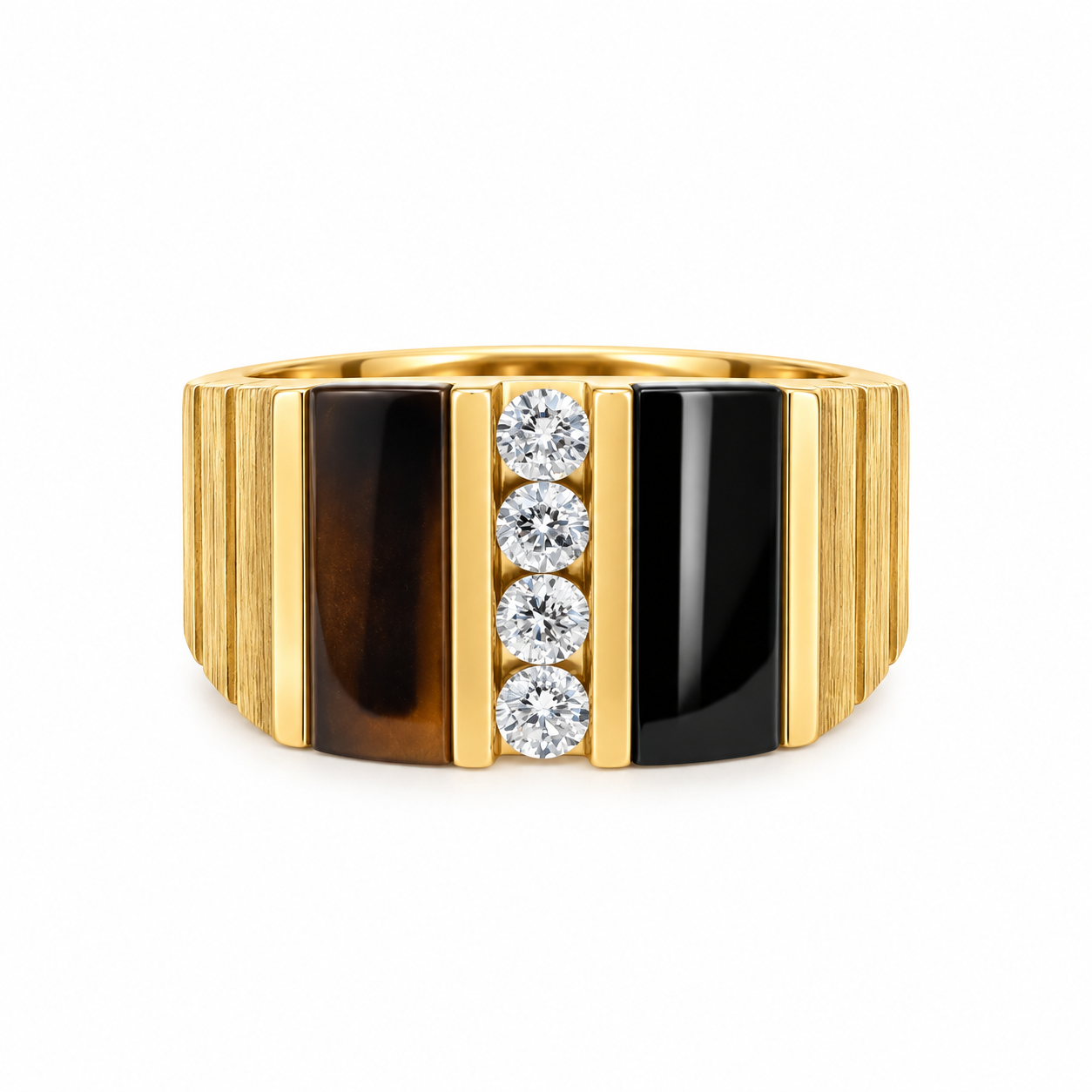Vintage 14k Yellow Gold Onyx & Diamond Fluted Ring