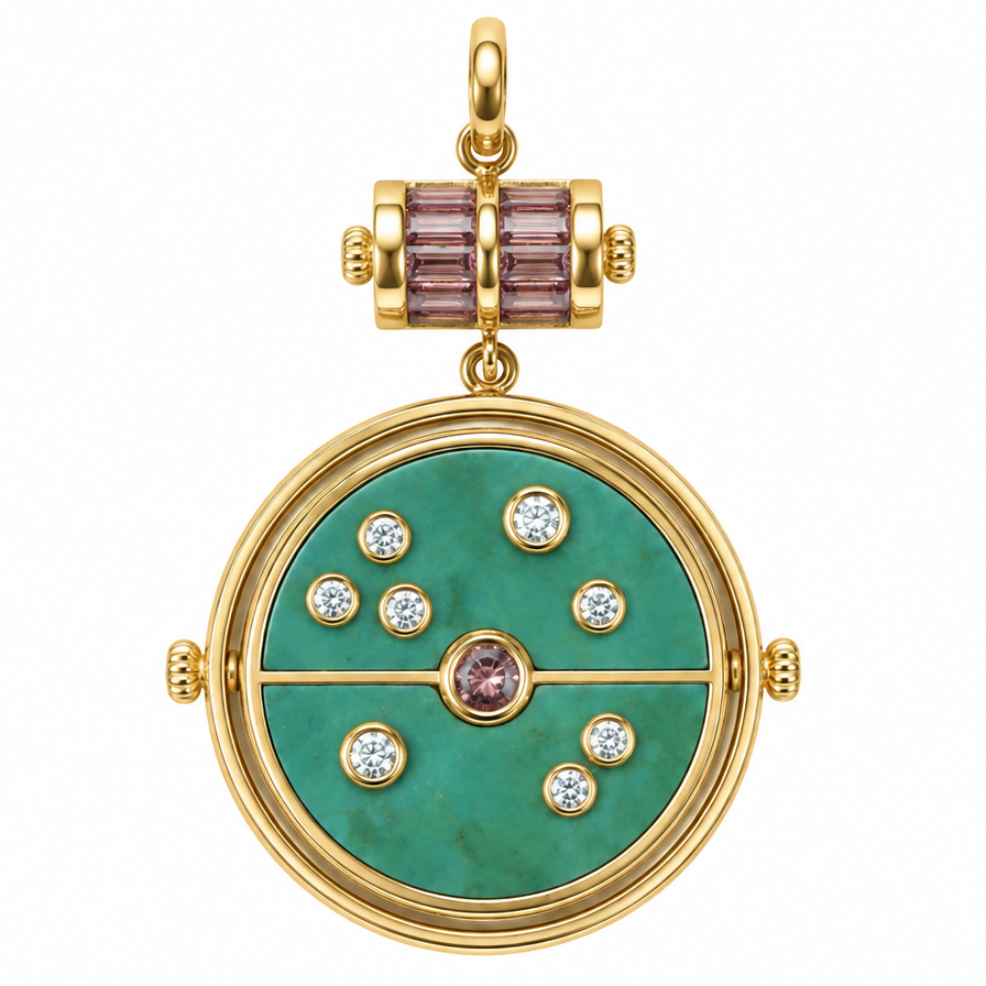 Retrouvai Grandfather Compass Pendant with Green Turquoise and Lotus Garnet