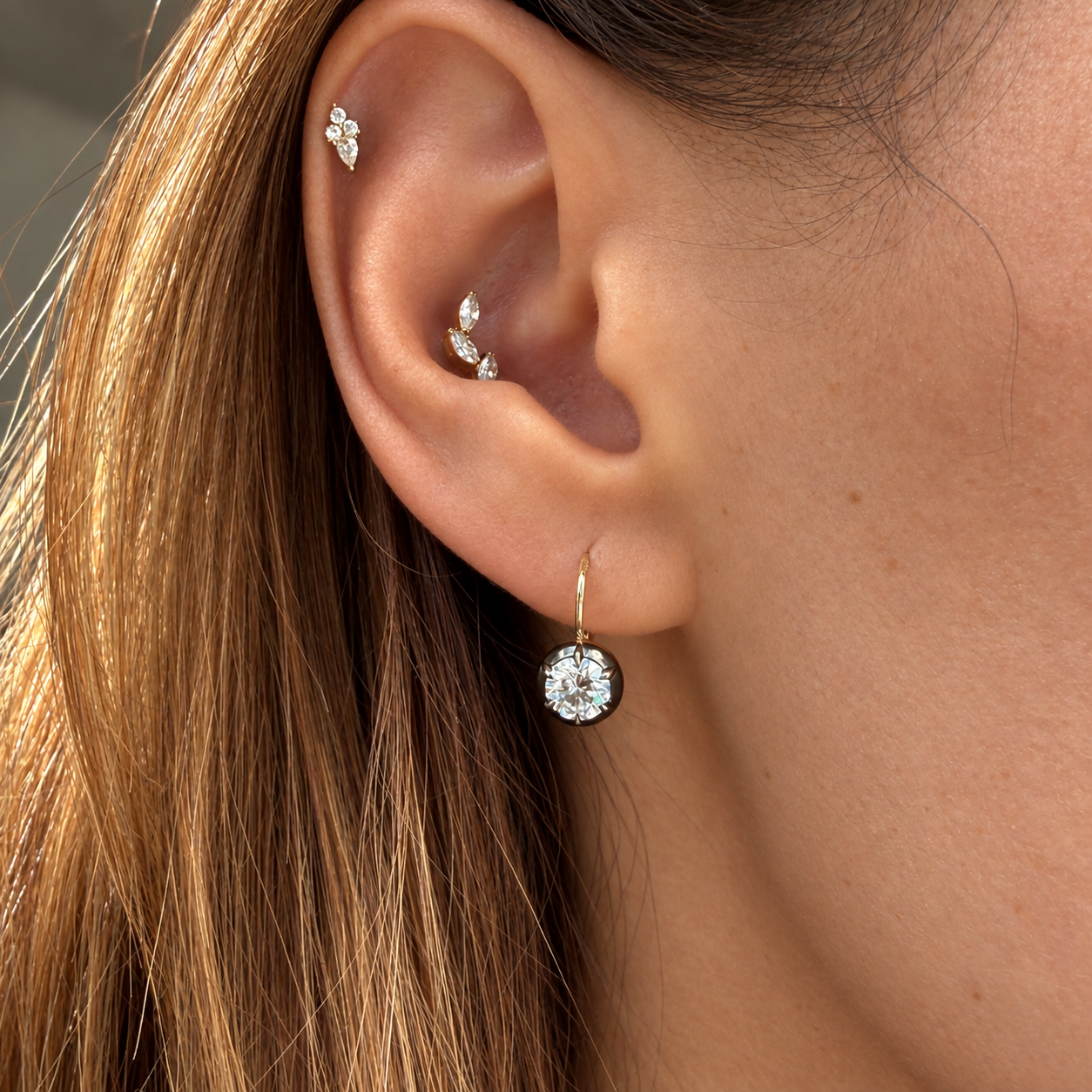 14k Yellow Gold Round Diamond Black Rhodium Wire Earrings