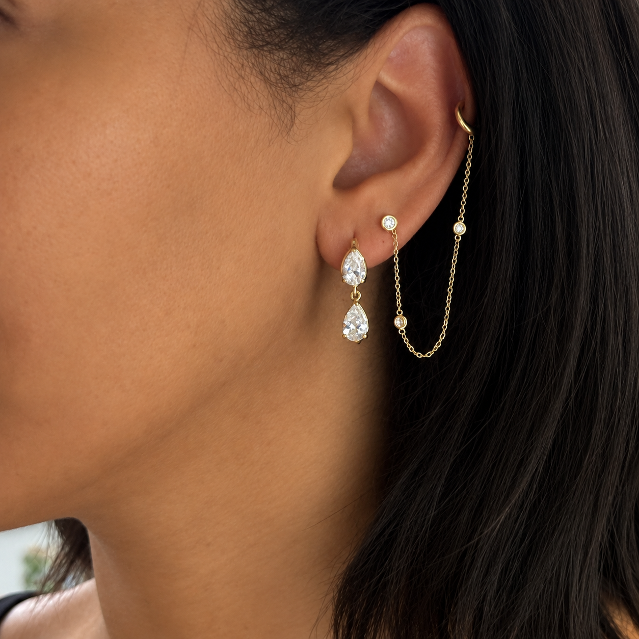 14k Yellow Gold Double Pear Diamond Drop Huggie Earrings